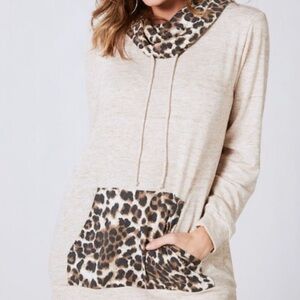 Bibi | Waffle Neck Leopard Print Cowl Neck Long Sleeve Top